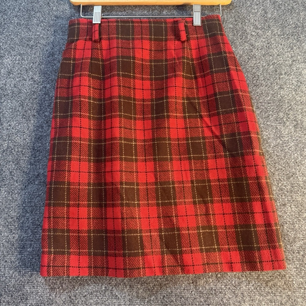 Vintage Lizsport Womens 4 Wool Blend Plaid A-Line Skirt Red Brown Lined